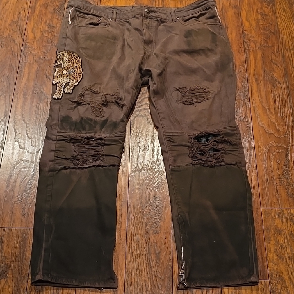 Brown Distressed Pants with Leopard Patch
